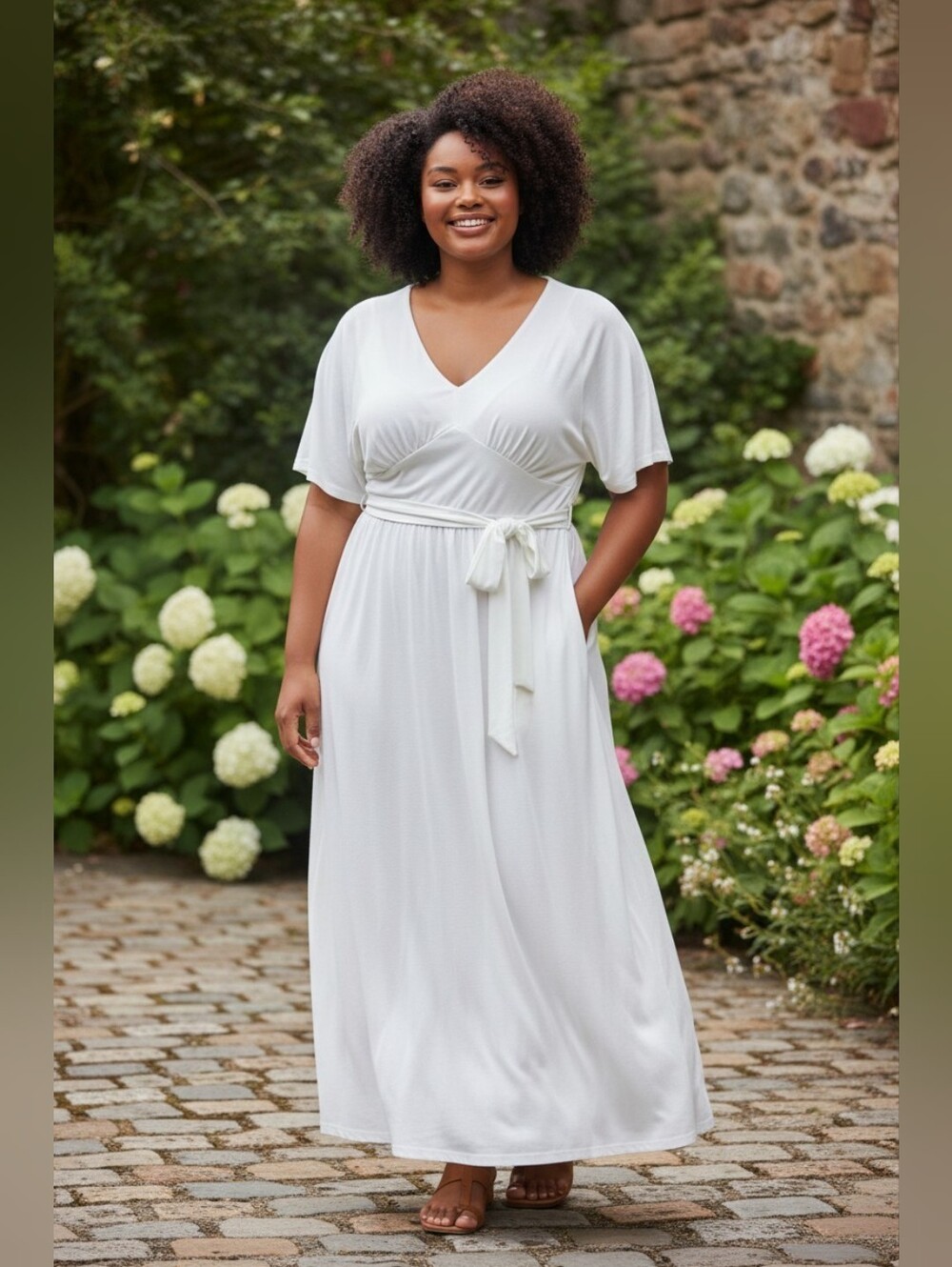 Unique Vintage White V-Neck Tie-Waist Maxi Dress with Flutter Sleeves